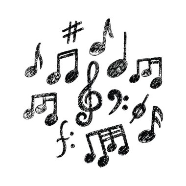 Vector Hand Müzik Notaları simgesi seti çizdi. Çizgi film müzisyeninin çocuk karalama stili tabelaları. Gerçek Kalem Çizimi.