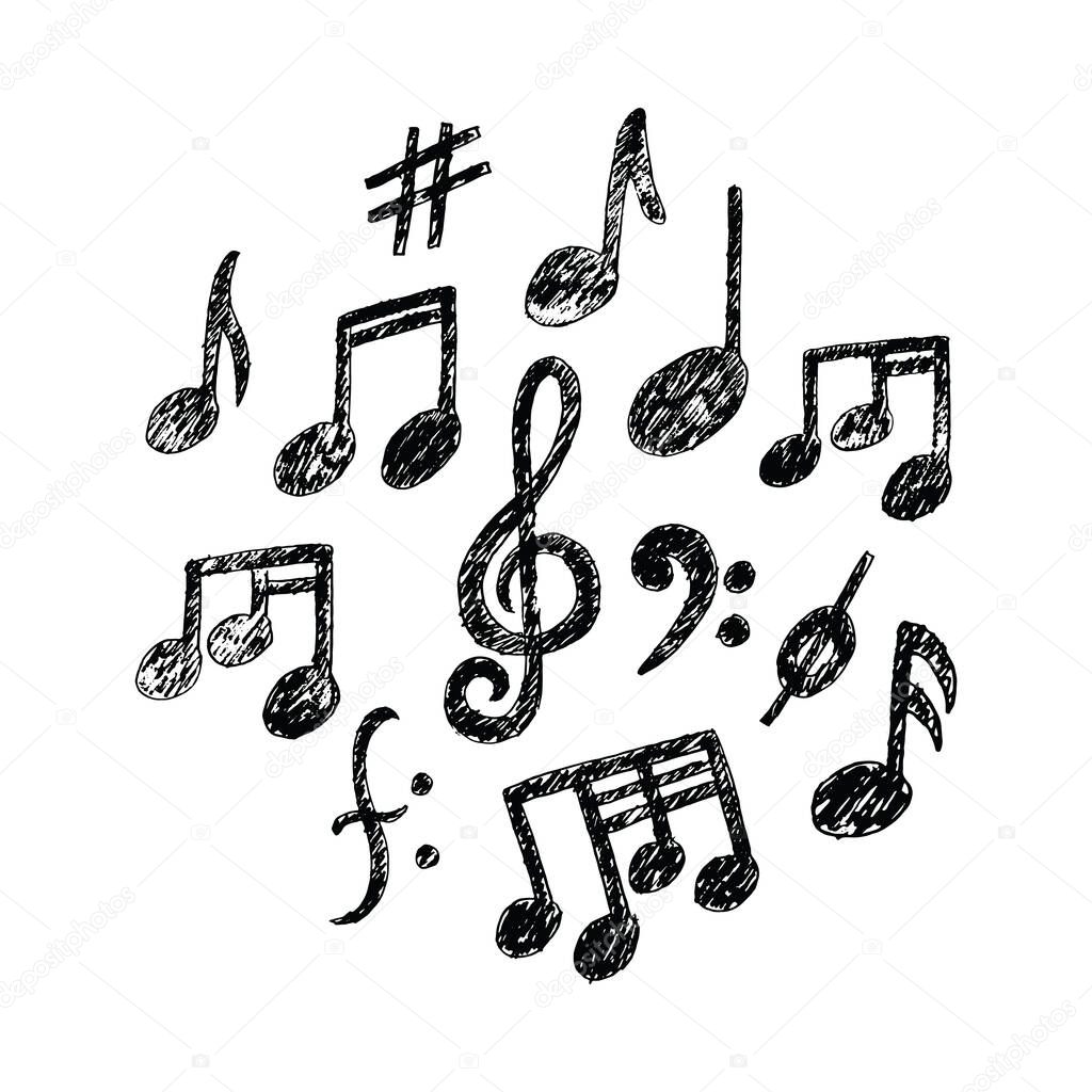 Vector Hand drawn Music Notes icon Set. Sketchy cartoon musician sign in kids doodle style. Real Pencil drawing.