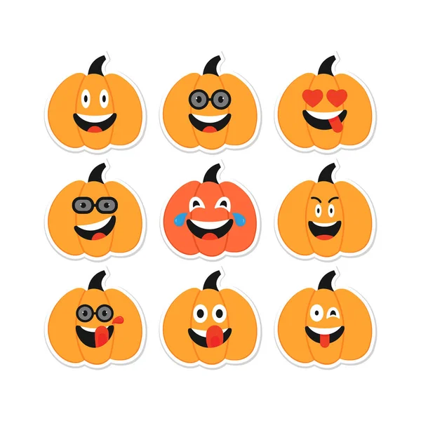 Conjunto de Emoji de abóbora. Personagens do Halloween Happy Pumpkins. Ação de Graças, planejador de colheita Etiqueta. Rindo com lágrimas de alegria, Friendly Emoji Faces. Orange Squash Sorrisos para mensageiro . —  Vetores de Stock