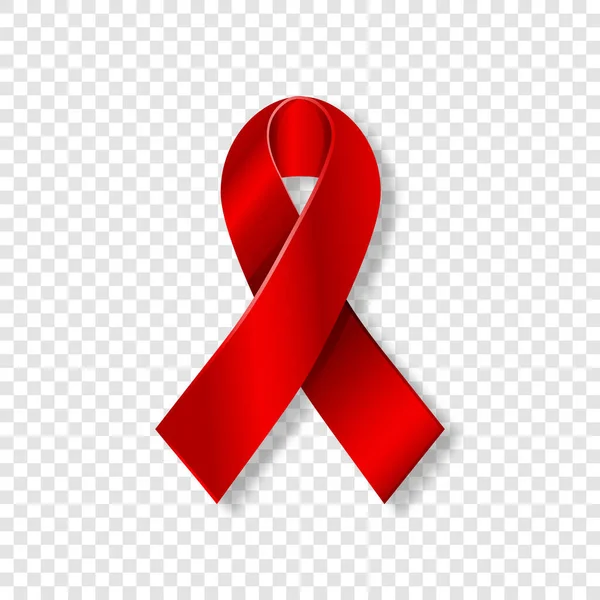 Ruban de sensibilisation rouge réaliste au sida vectoriel. Symbole médical du VIH lumineux isolé sur fond transparent avec ombre. Panneau Médecine Nationale . — Image vectorielle