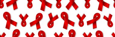 AİDS Günü Kusursuz Şablon. Gerçekçi Kırmızı Farkındalık Kurdelesi 1 Aralık Dünya Yardım Günü. Hiv tıbbi örtüsü beyazda izole edilmiş. 3d Önleme Kampanyası web başlığı, el ilanı, çerçeve, duyuru, ekle