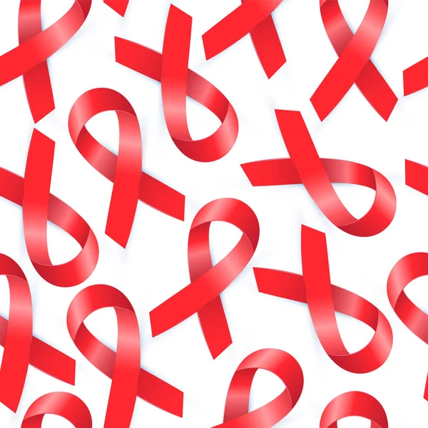 Aids Day naadloos patroon. Realistische Red Awareness Ribbon naar World Aids Day 1 december. Medische dekking geïsoleerd op wit. 3d Preventiecampagne webbanner, flyer, frame, aankondiging, toevoegen — Stockvector