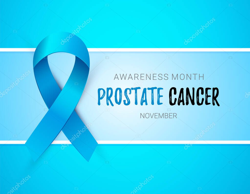 November Prostate Cancer Awareness Month banner with blue realistic ribbon. Mens health concept for prostate and testicular cancer, mens suicide. Never give up Medical poster. Vector illustration