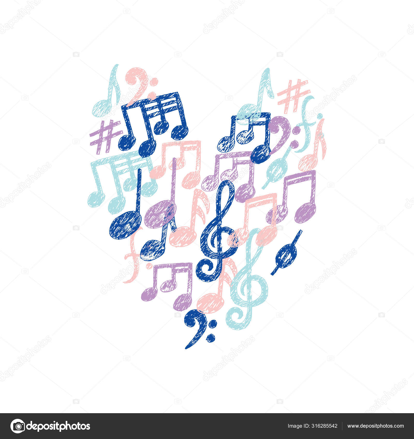 Vector Music Notes pattern in a Heart shape. Cute Music Keys t ...