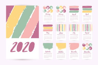 Vektör El Takvim 2020 'yi çekti. 12 aylık set. Karmaşık mürekkep grunge desenli yaratıcı renkli tasarım şablonu. Hafta Pazar başlıyor