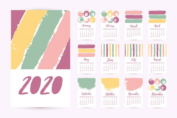 Vector Hand drawn Calendar 2020. Set of 12 Months. Creative colorful design template with messy ink grunge texture. Week starts Sunday
