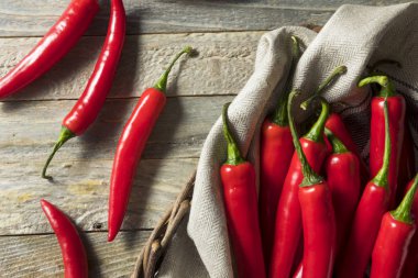 Bir sepet içinde çiğ kırmızı organik sıcak parmak biber