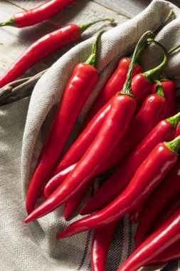 Bir sepet içinde çiğ kırmızı organik sıcak parmak biber