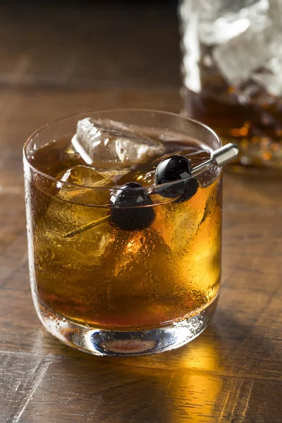 Boozy Manhattan Cocktail Rocks Cherry Garnish — Stock Photo, Image