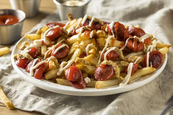 Papas Salchipapa Peruanas Caseras Con Salsa Tomate Mayo Mostaza —  Fotos de Stock