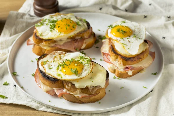 Homemade French Croque Madame Sandwich Ham Cheese — Stock Photo, Image