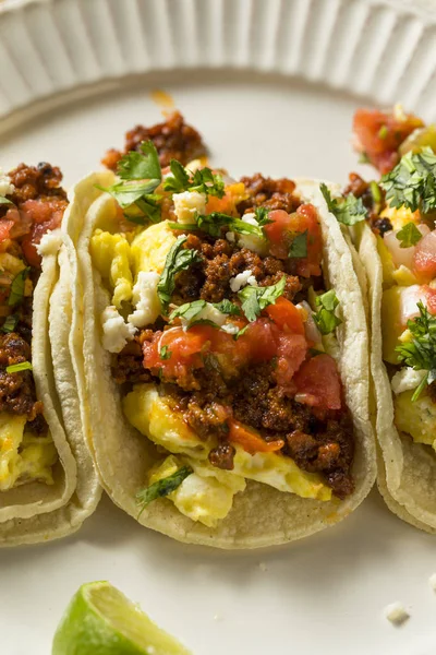 Chouriço Caseiro Café Manhã Tacos Com Pico Cilantro — Fotografia de Stock