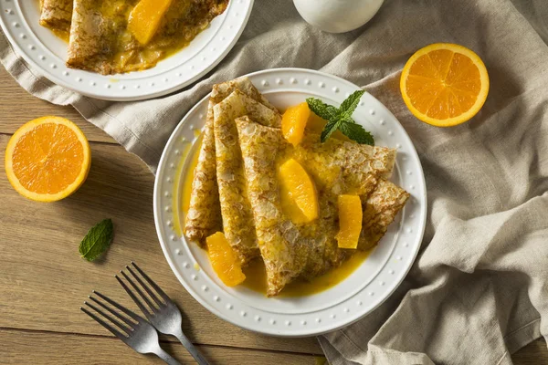 Dulce Casera Naranja Crepes Suzette Para Desayuno —  Fotos de Stock
