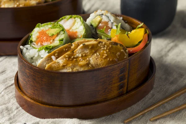 Homemade Sushi Bento Box Rice Chicken Lunch — Stock Photo, Image