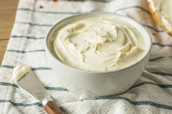 Espalhe Queijo Creme Baixa Gordura Caseiro Uma Tigela — Fotografia de Stock