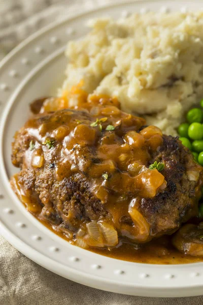 Homemade Savory Salisbury Steaks Peas Mashed Potatoes — Stock Photo, Image