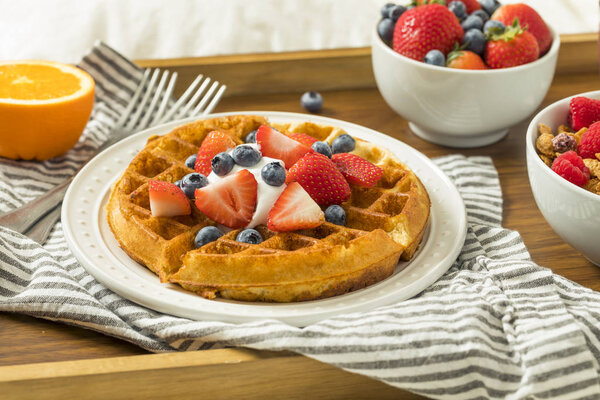 Healthy Homemade Breakfast in Bed with Waffles Fruit Cereal