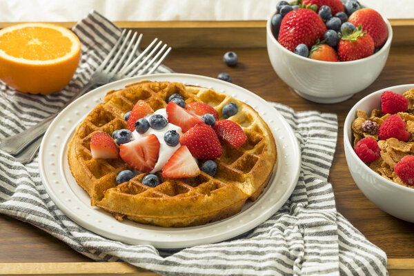 Healthy Homemade Breakfast in Bed with Waffles Fruit Cereal