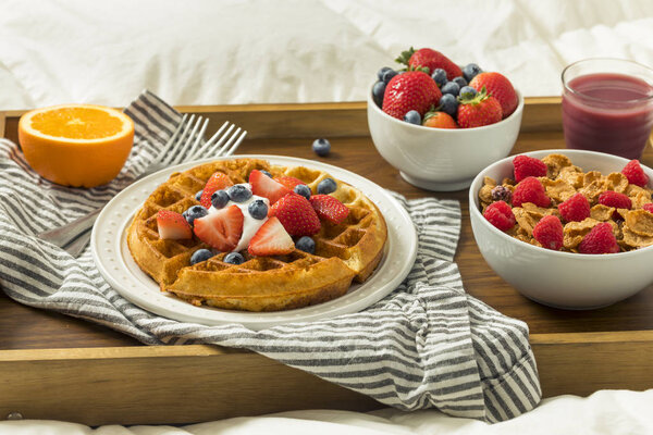 Healthy Homemade Breakfast in Bed with Waffles Fruit Cereal