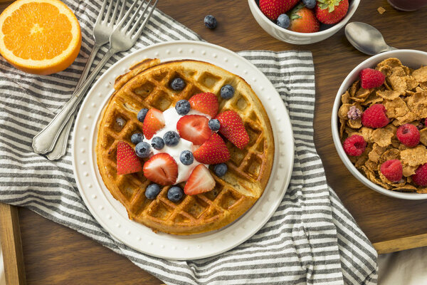 Healthy Homemade Breakfast in Bed with Waffles Fruit Cereal