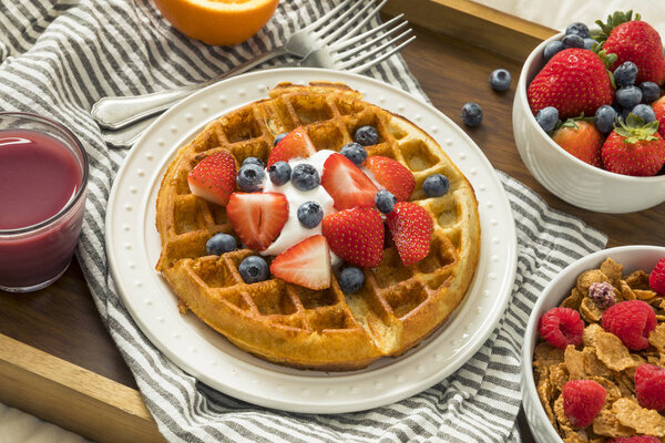 Healthy Homemade Breakfast in Bed with Waffles Fruit Cereal