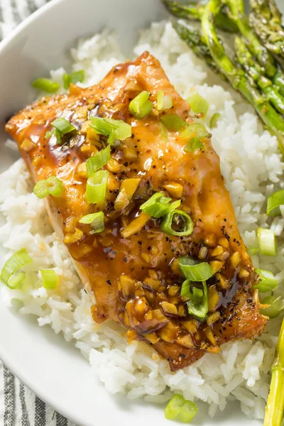 Salmão Teriyaki Cozido Forno Caseiro Com Arroz Espargos — Fotografia de Stock