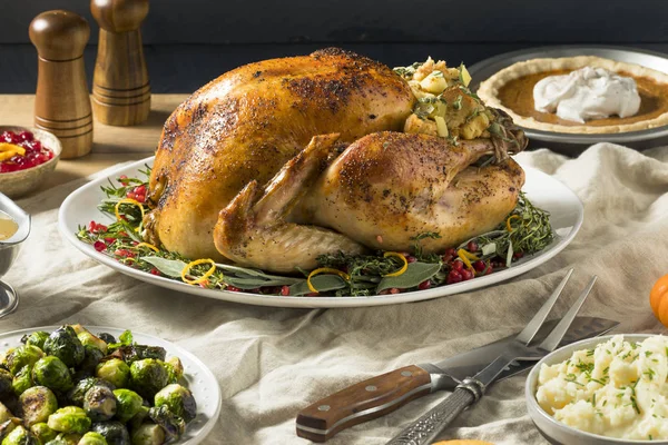 Whole Roasted Turkey Dinner Thanksgiving All Sides — Stock Photo, Image