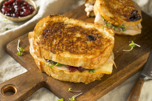 Homemade Thanksgiving Turkey Panini Cheese Cranberry Sauce — Stock Photo, Image