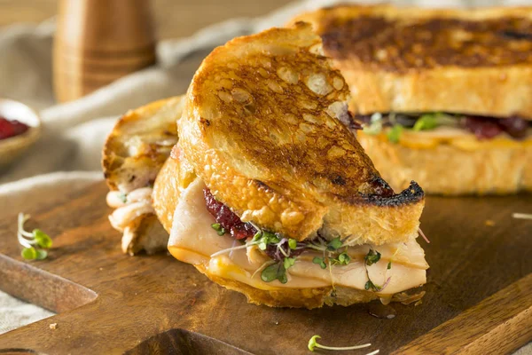 Homemade Thanksgiving Turkey Panini Cheese Cranberry Sauce — Stock Photo, Image