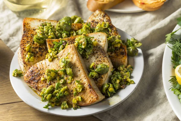 Homemade Grilled Swordfish Steaks Olive Topping — Stock Photo, Image