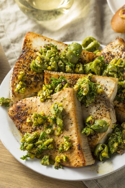 Homemade Grilled Swordfish Steaks Olive Topping — Stock Photo, Image