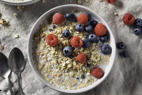 Sağlıklı Yapımı Müsli Kahvaltı Gevreği Süt Çilek Ile — Stok fotoğraf