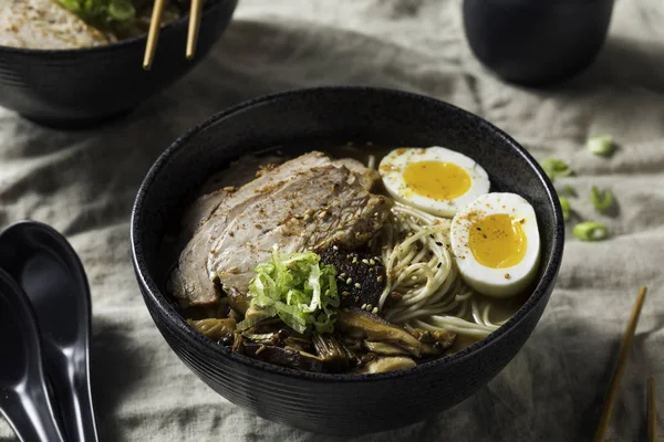 Homemade Japanese Pork Tonkotsu Ramen Mushrooms Eggs — Stock Photo, Image