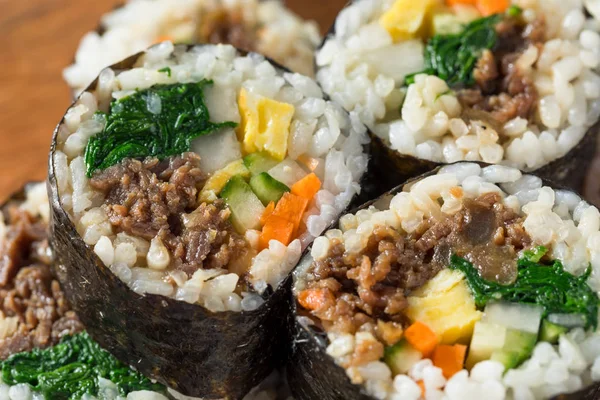 Homemade Korean Kimbap Rice Rolls Beef Veggies — Stock Photo, Image