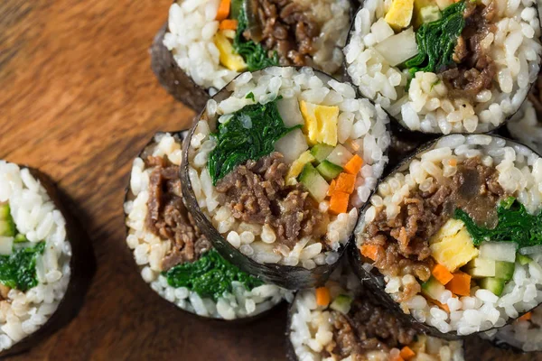 Homemade Korean Kimbap Rice Rolls with Beef and Veggies