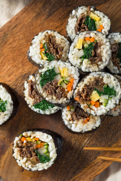 Homemade Korean Kimbap Rice Rolls with Beef and Veggies