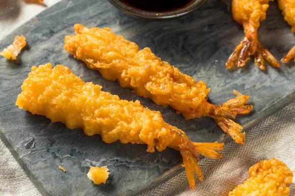 Tempura Casera Camarones Fritos Con Salsa Soja — Foto de Stock