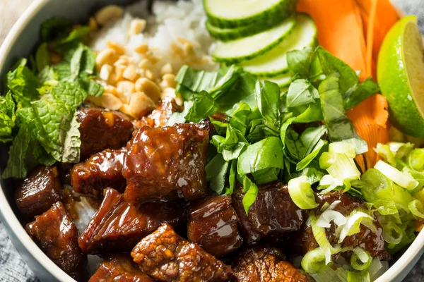 Carne tailandesa caseira e tigela de arroz — Fotografia de Stock