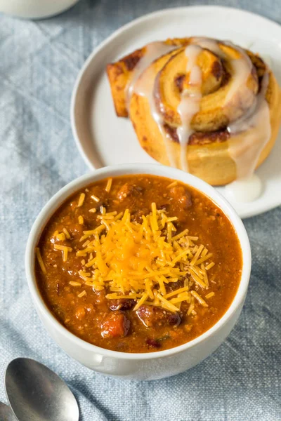 Homemade Chili Soup and Cinnamon Roll