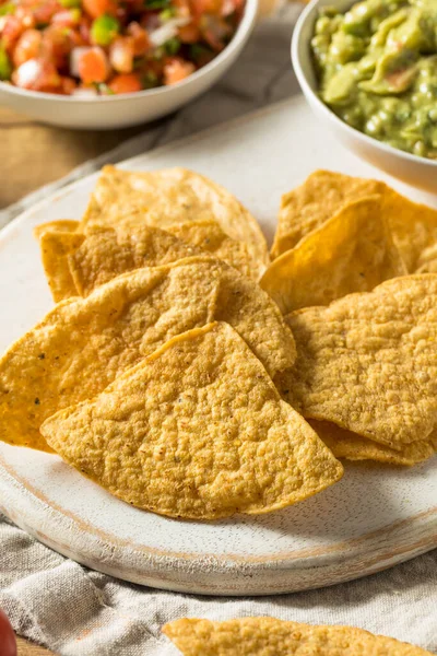 Σπιτικά Tortillas Chips Salsa Και Guacamole Lime — Φωτογραφία Αρχείου