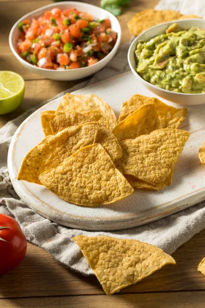 Homemade Tortillas Chips Salsa Guacamole Lime — Stock Photo, Image