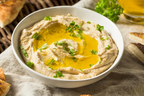 Biologische Zelfgemaakte Kikkererwt Hummus Met Pita Olijfolie — Stockfoto