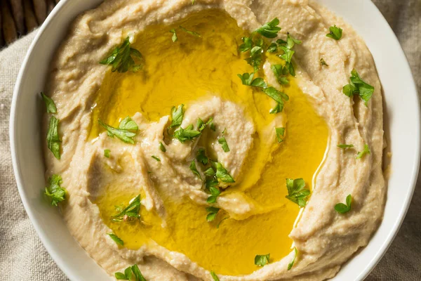 Hummus Ceci Fatti Casa Biologici Con Pita Olio Oliva — Foto Stock