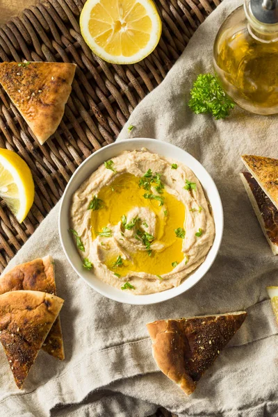 Organiczne Domowe Hummus Ciecierzycy Pita Oliwy Oliwek — Zdjęcie stockowe