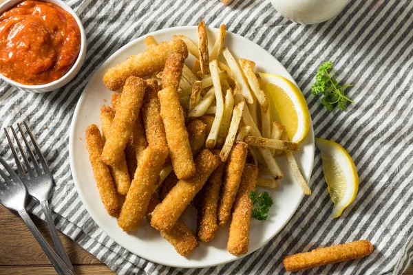 Bastoncini Pesce Fritto Casa Patatine Fritte Con Tuffo — Foto Stock