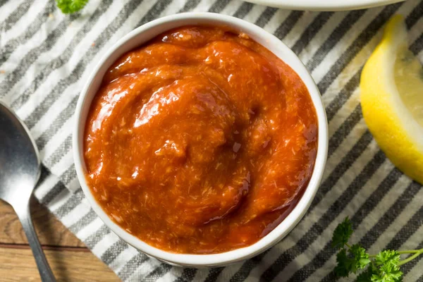 Homemade Spicy Cocktail Sauce Dipping Seafood — Stock Photo, Image