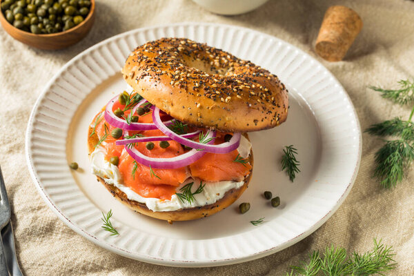 Homemade Bagel and Salmon Lox with Cream Cheese and Dill