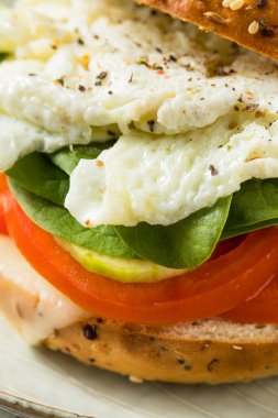 Domates ve salatalıklı ev yapımı sağlıklı yumurtalı bagel sandviçi.