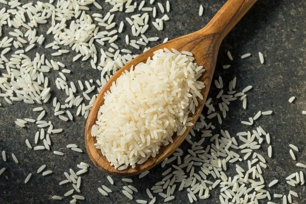 Grão Longo Branco Seco Jasmim Arroz Uma Colher — Fotografia de Stock