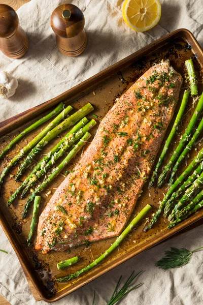 Filetto Salmone Arrosto Fatto Casa Asparagi Con Aglio Aneto — Foto Stock